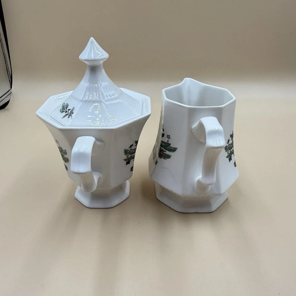 Nikko Christmastime Creamer and Sugar Bowl Set Octagon Christmas Tree Vintage